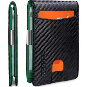 NEW Wallet for Men Slim Money Clip Minimalist Leather - Carbon Black&Green
